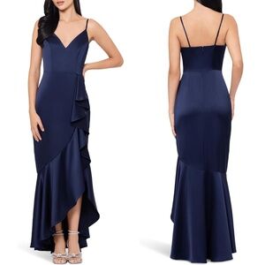 NEW XSCAPE Navy SIDE RUFFLE Satin FAUX WRAP Midi EVENING DRESS Tulip GOWN 6